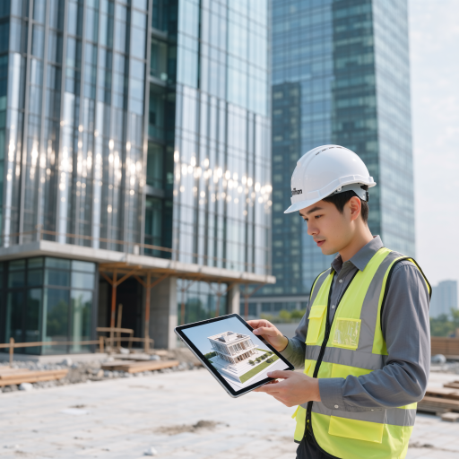 幕墙工程师,三十岁左右男性,穿工作服,戴安全帽,站在幕墙前检查,明亮自然光