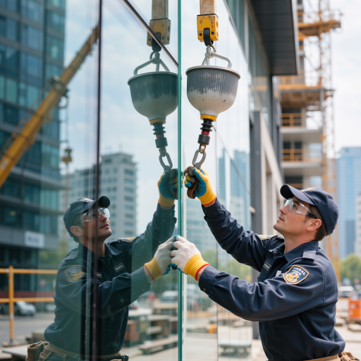 高空作业技师,四十岁左右中年男性,穿安全防护服,戴安全帽,专业高空作业装备,蓝色背景