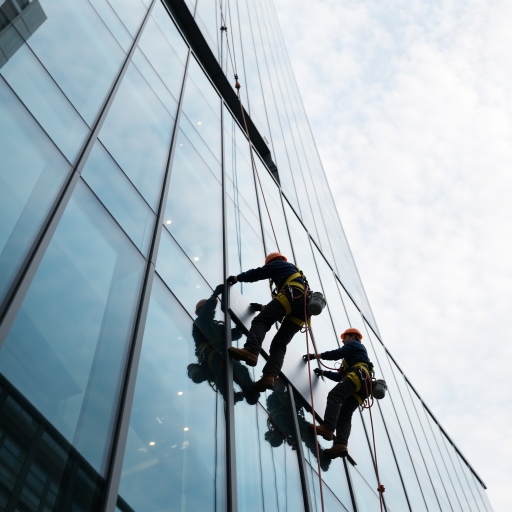 幕墙维修工,三十五岁左右男性,穿工作服,手持工具,正在检查幕墙接缝,室内光线