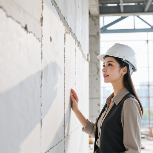 质检员,三十岁左右女性,穿工作服,戴安全帽,手持检测仪器,幕墙施工现场